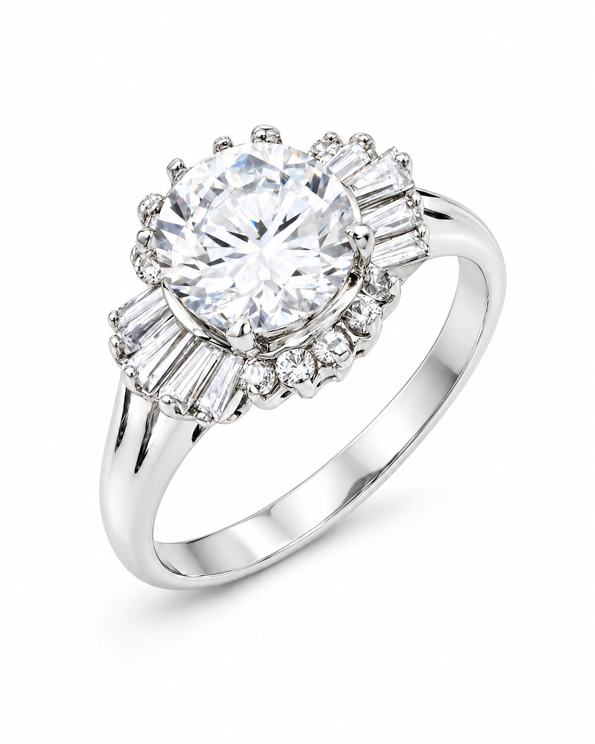 The Elian CZ Baguette Ring in polished silver-toned finish with a clear round center stone and baguette accents, front three-quarter product-only pearl-white studio view — reference-based AI visualization.
