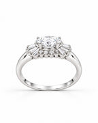 The Elian CZ Baguette Ring in polished silver-toned finish with a clear round center stone and baguette accents, shallow side-profile product-only pearl-white studio view — reference-based AI visualization.