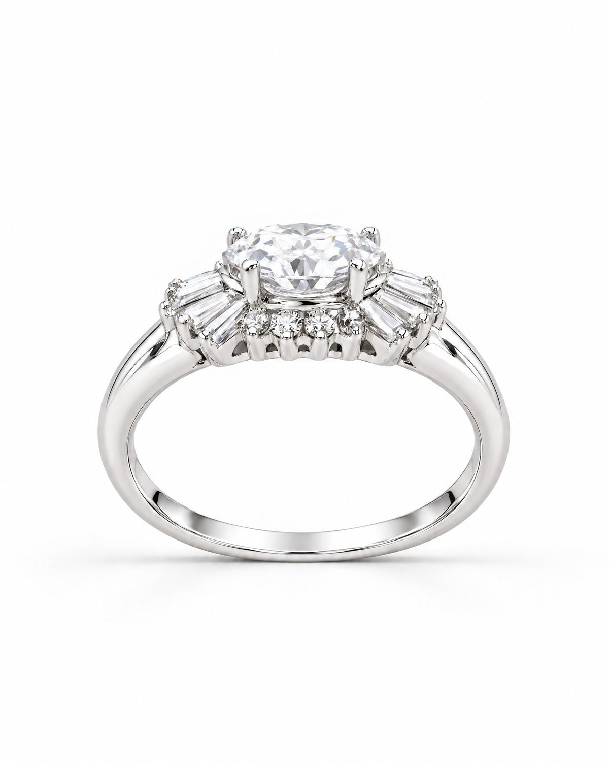 The Elian CZ Baguette Ring in polished silver-toned finish with a clear round center stone and baguette accents, shallow side-profile product-only pearl-white studio view — reference-based AI visualization.
