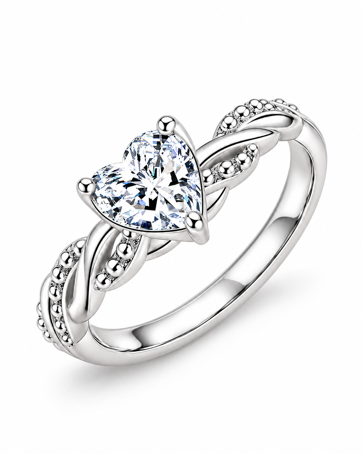 The Alva Heart-Stone Ring, observed polished silver-tone, complete diagonal resting view with a clear heart-shaped center stone, four rounded prongs, and twisted beaded shoulders on a pearl-white studio background — reference-based AI visualization.