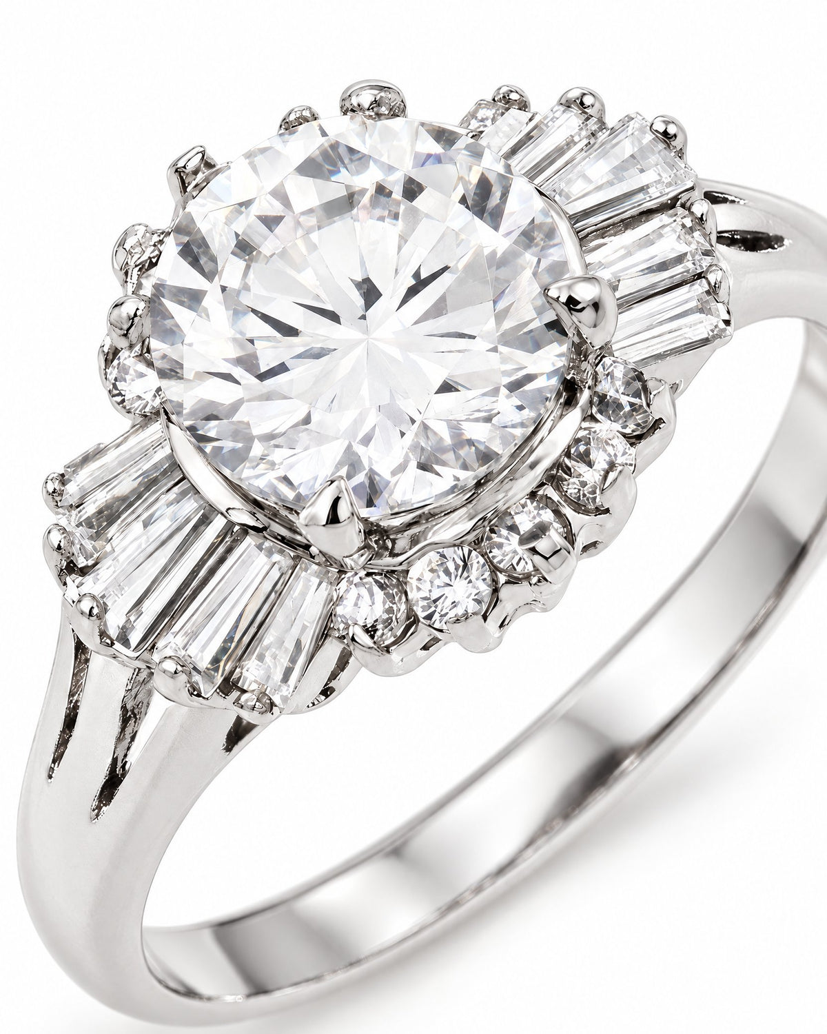 Macro view of The Elian CZ Baguette Ring in polished silver-toned finish, showing the clear round center stone, four-prong setting and baguette accents on a pearl-white studio background — reference-based AI visualization.