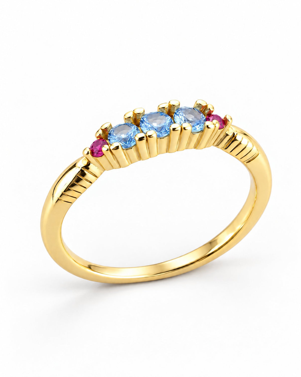 The Miri Color-Accent Band with a polished yellow-gold-colored band, three light-blue round stones and two magenta round accent stones, complete low setting-depth product view on a pearl-white studio background, reference-based AI visualization