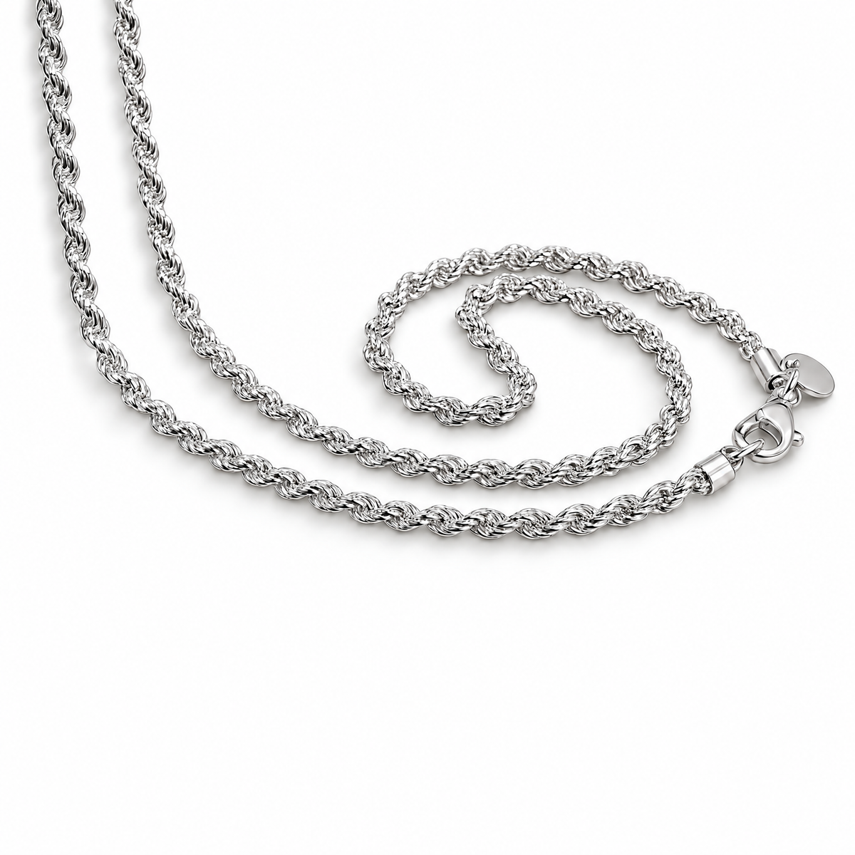 The Gala Twisted Rope Chain Necklace in polished silver, complete elongated oval/U lay on pale greige, reference-based AI visualization