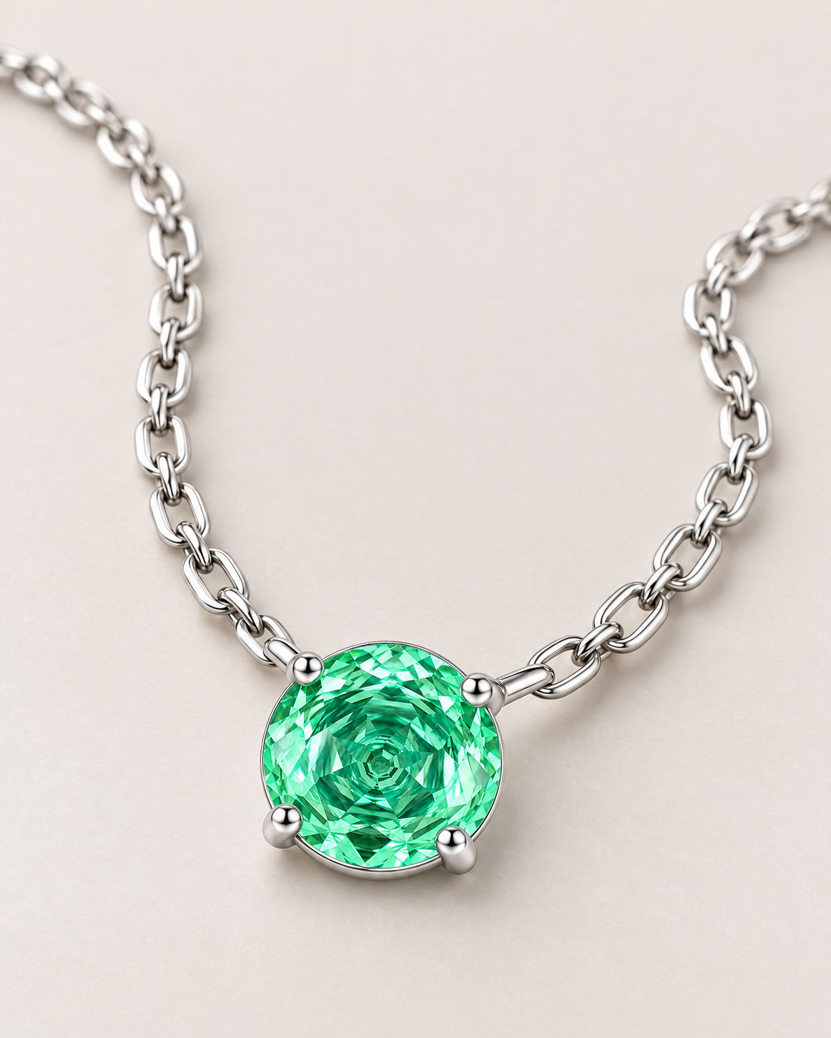 Round green faceted pendant in a silver-colored four-prong setting with softly receding linked chain on pale greige — reference-based AI visualization