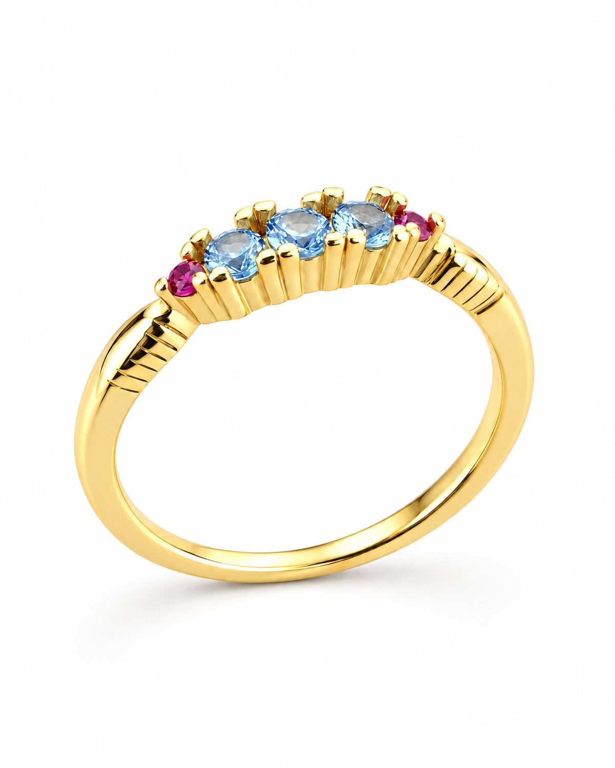 The Miri Color-Accent Band with a polished yellow-gold-colored band, three light-blue round stones and two magenta round accent stones, complete front three-quarter product-only view on a pearl-white studio background, reference-based AI visualization