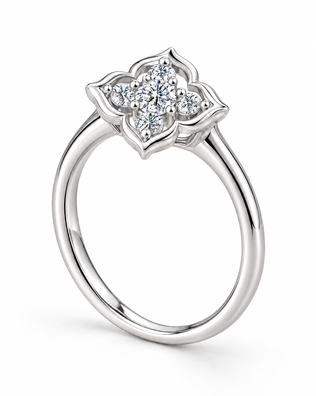 The Seren Quatrefoil Moissanite Ring in visible silver-tone finish, complete upright side-profile studio view showing setting depth on a pearl-white background, reference-based AI visualization.