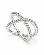 The Elsen Geometric Ring in a polished silver-tone finish with clear round stones, opposite-side setting-depth product-only view on a pearl-white studio background, reference-based AI visualization