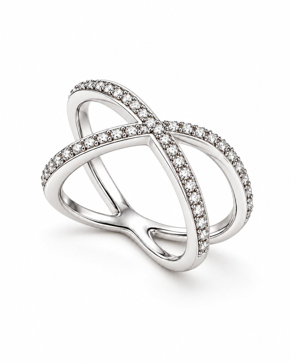 The Elsen Geometric Ring in a polished silver-tone finish with clear round stones, opposite-side setting-depth product-only view on a pearl-white studio background, reference-based AI visualization