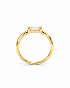 The Lyra CZ Emerald-Cut Statement Ring — gold-color upright front setting angle with a clear emerald-cut center stone on a pearl-white studio background; reference-based AI visualization.