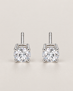The Neva CZ Stud Earrings — silver-tone upright front pair with two clear round stones in a pale-greige studio; reference-based AI visualization.