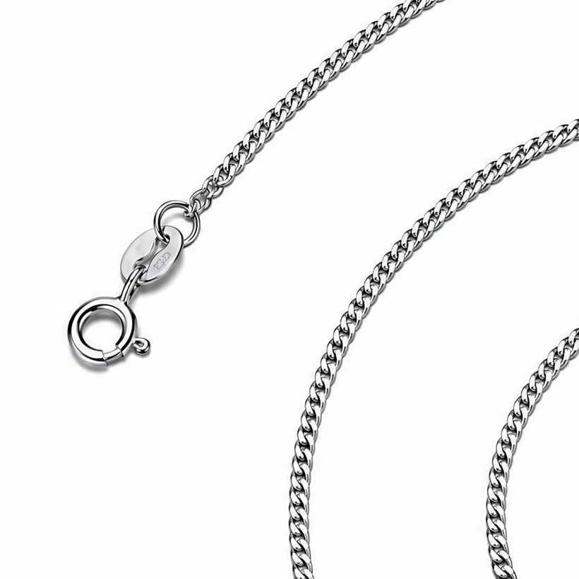 The Erin Fine Curb Chain Necklace — Sterling Silver spring-ring clasp and S925-tag curb-chain detail on pale greige, reference-based AI visualization.