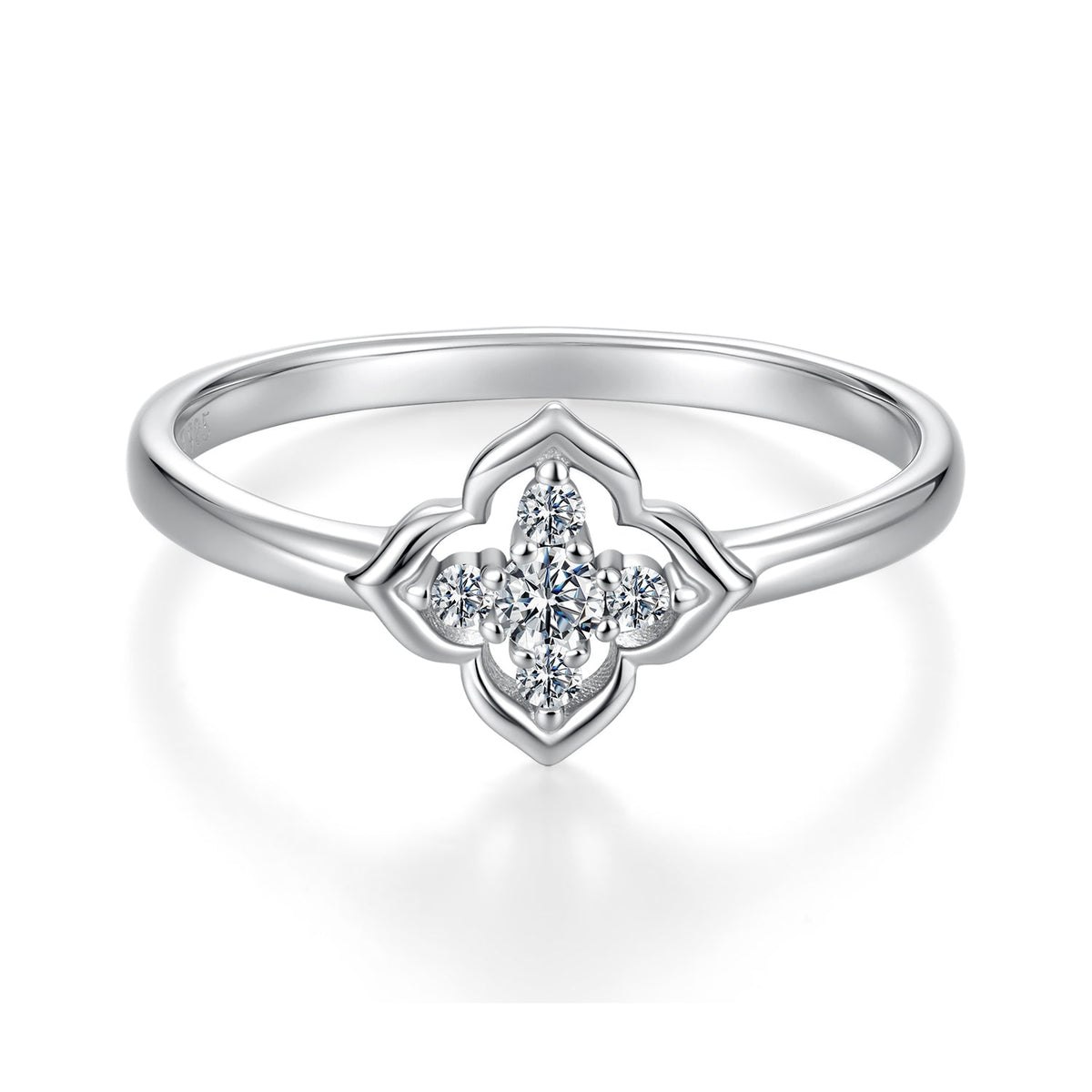 Unedited original supplier reference photograph of The Seren Quatrefoil Moissanite Ring with its inner-band mark visible.