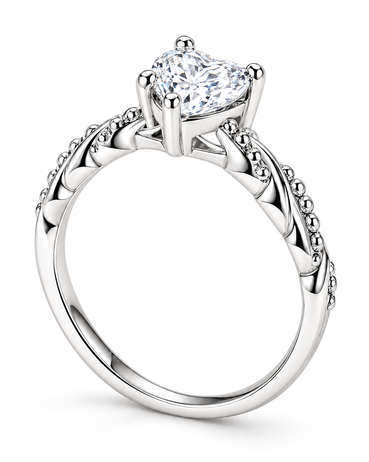 The Alva Heart-Stone Ring, observed polished silver-tone, complete underside setting-depth view of its clear heart-shaped center stone, four rounded prongs, and twisted beaded shoulders on a pearl-white studio background — reference-based AI visualization.