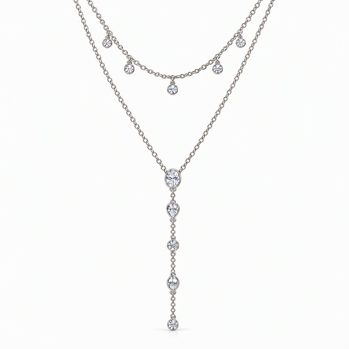 The Lyra CZ Y-Drop Lariat — Silver lariat front detail — correct main setting, white studio treatment; reference-based AI visualization