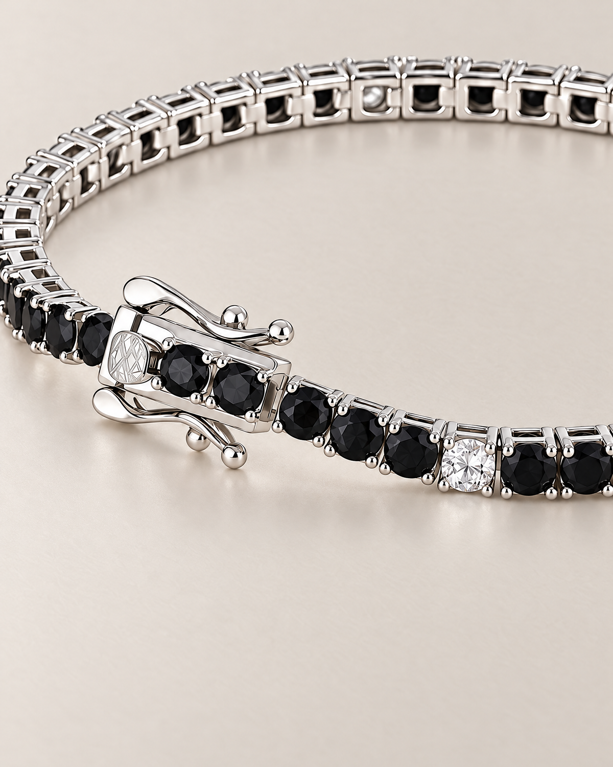 The Signe Black & White CZ Tennis Bracelet in polished silver-tone metal, close on the open clasp, curved safety catches, and black and clear/white round stone line on pale greige, reference-based AI visualization.