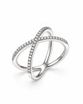 The Elsen Geometric Ring in a polished silver-tone finish with clear round stones, upright front three-quarter product-only view on a pearl-white studio background, reference-based AI visualization