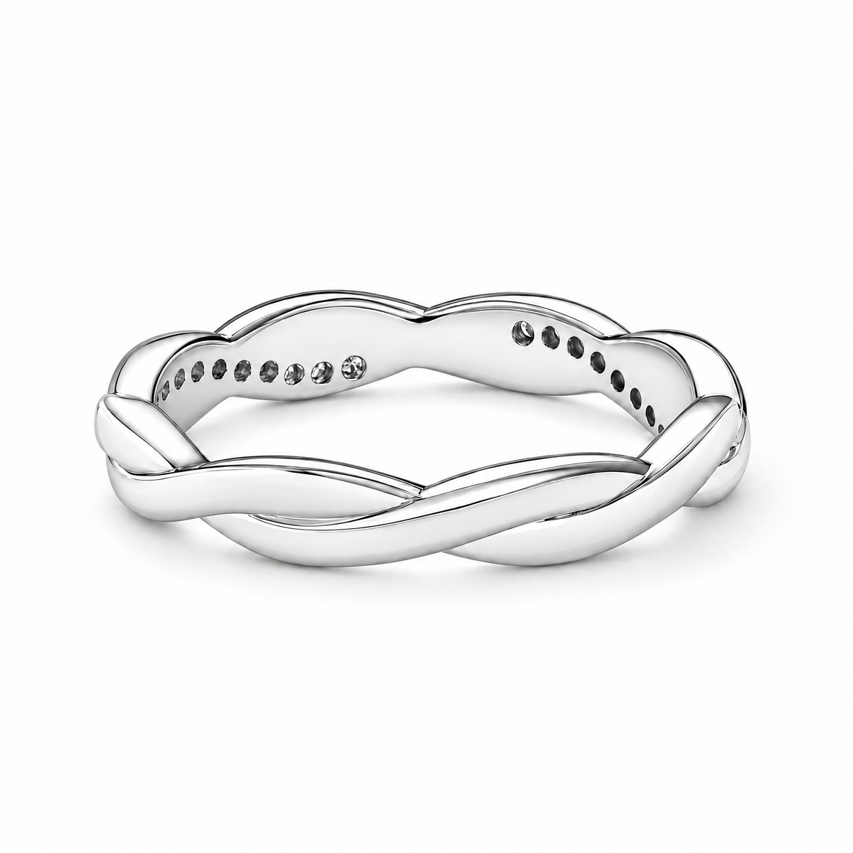 The Veda CZ Twisted Band — polished silver twisted rail and clear round CZ bead/prong macro detail on pearl-white studio background; reference-based AI visualization.