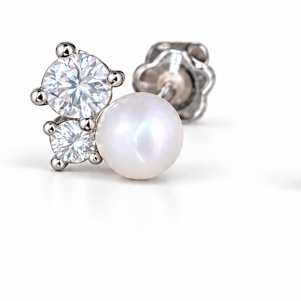 The Elva Pearl & Moissanite Stud Earrings, single silvery stud macro with a luminous white pearl and two clear round stones on pale greige, reference-based AI visualization.