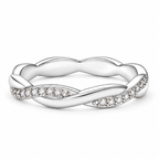 The Veda CZ Twisted Band — polished silver twisted band with clear round CZ accents, low resting full-ring profile on pearl-white studio background; reference-based AI visualization.