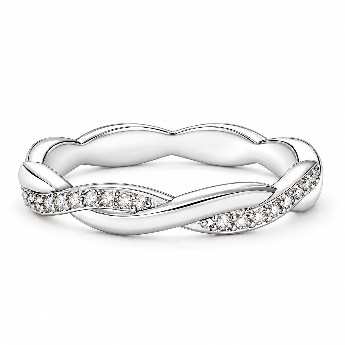 The Veda CZ Twisted Band — polished silver twisted band with clear round CZ accents, low resting full-ring profile on pearl-white studio background; reference-based AI visualization.