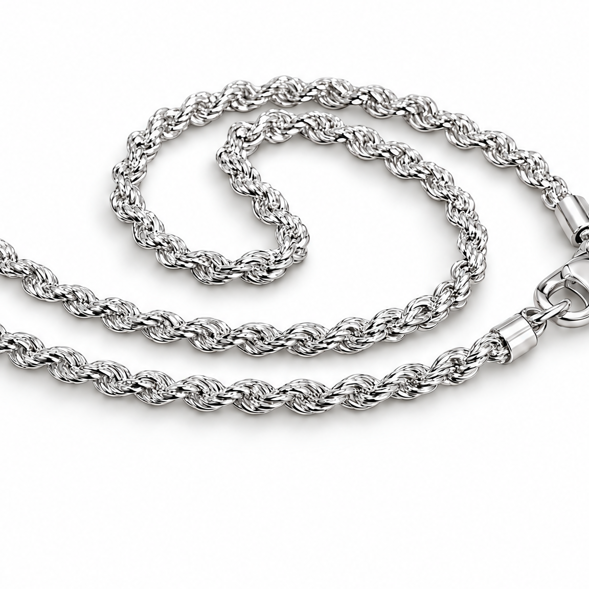 The Gala Twisted Rope Chain Necklace in polished silver, lobster clasp and visible 925 tag detail on pale greige, reference-based AI visualization