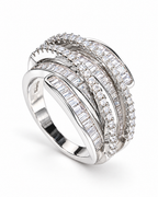 The Iona Interwoven Ring — White/silver-tone finish, complete front three-quarter product-only hero on a pearl-white studio background; reference-based AI visualization.