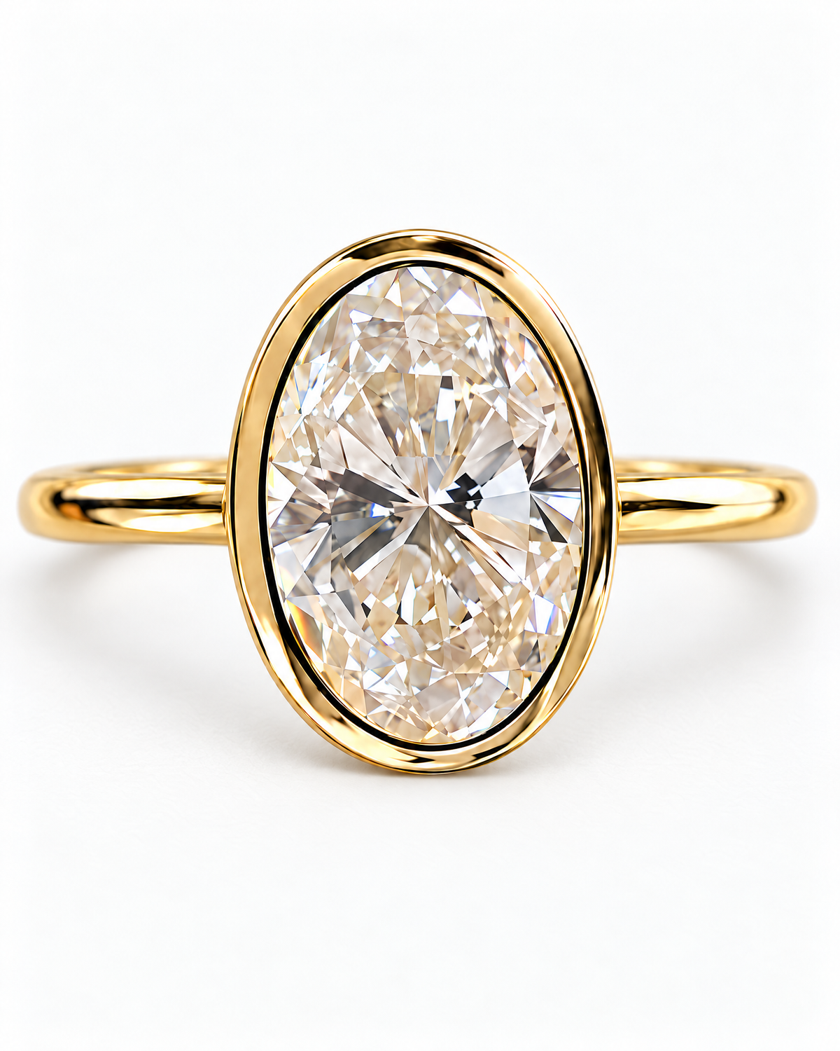 The Esme Bezel-Set Oval Ring in Gold Tone, oval stone and smooth bezel macro on a pearl-white studio background, reference-based AI visualization.