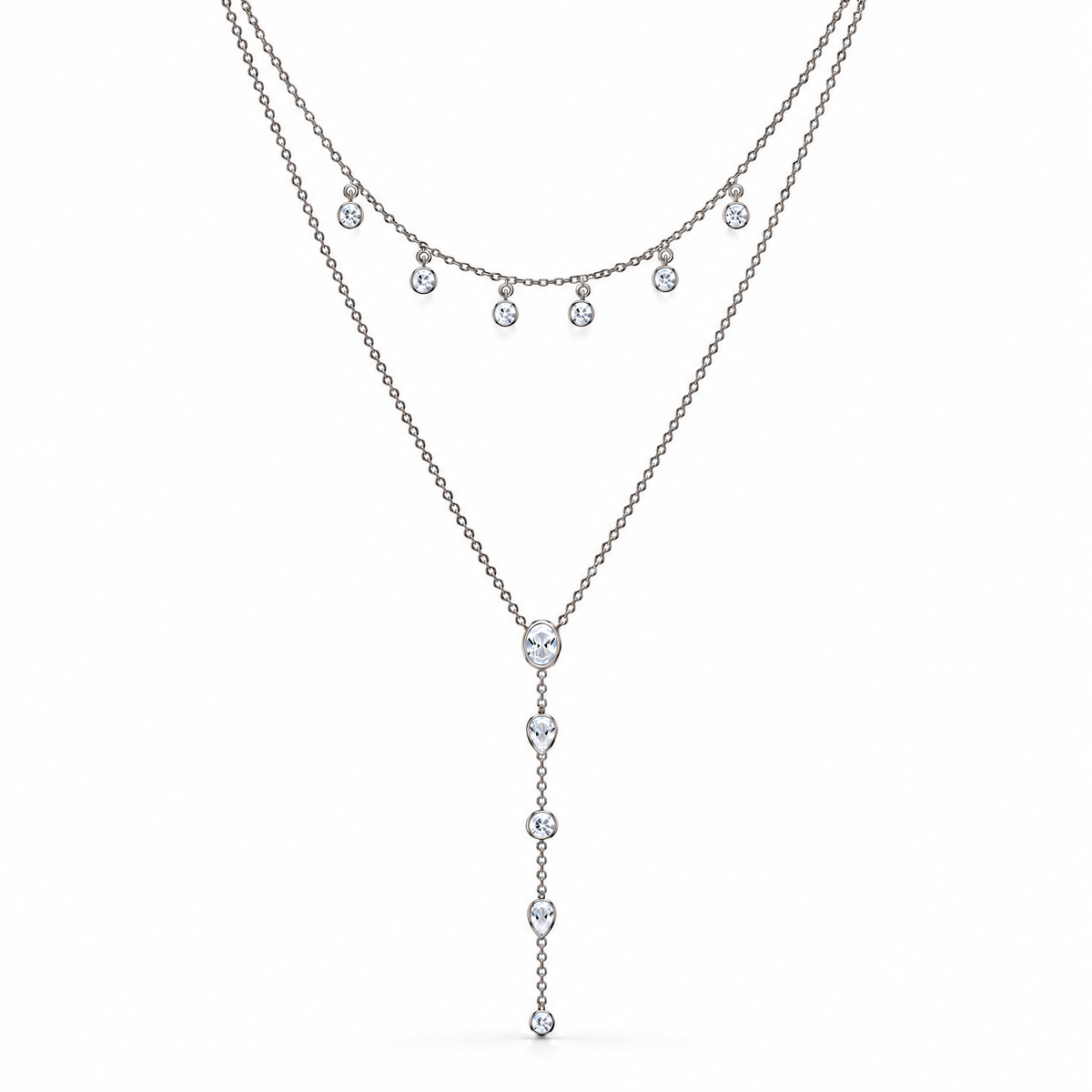 The Lyra CZ Y-Drop Lariat — Silver full front display — correct main setting, white studio treatment; reference-based AI visualization