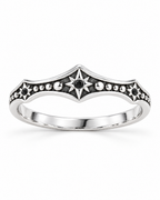 The Runa Starburst Ring — bright silver-tone finish, complete front three-quarter product-only hero on a pearl-white studio background; reference-based AI visualization.