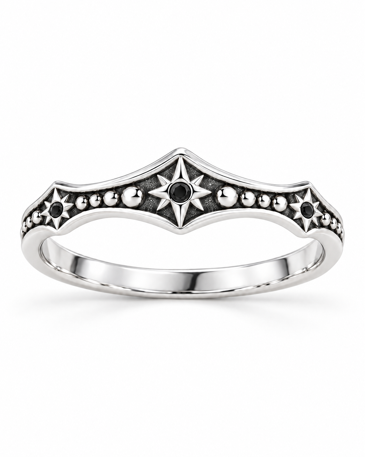 The Runa Starburst Ring — bright silver-tone finish, complete front three-quarter product-only hero on a pearl-white studio background; reference-based AI visualization.