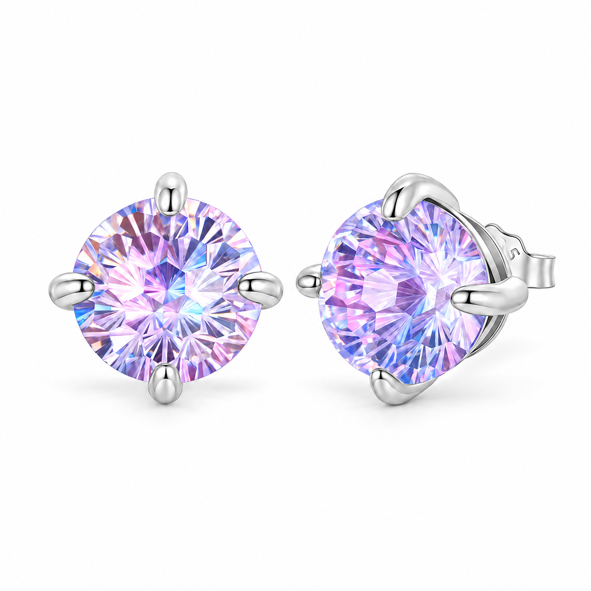 The Frida Firework CZ Stud Earrings: purple-lilac faceted round stud pair in four polished cool silver-tone prongs, front and three-quarter hero on pale greige, reference-based AI visualization