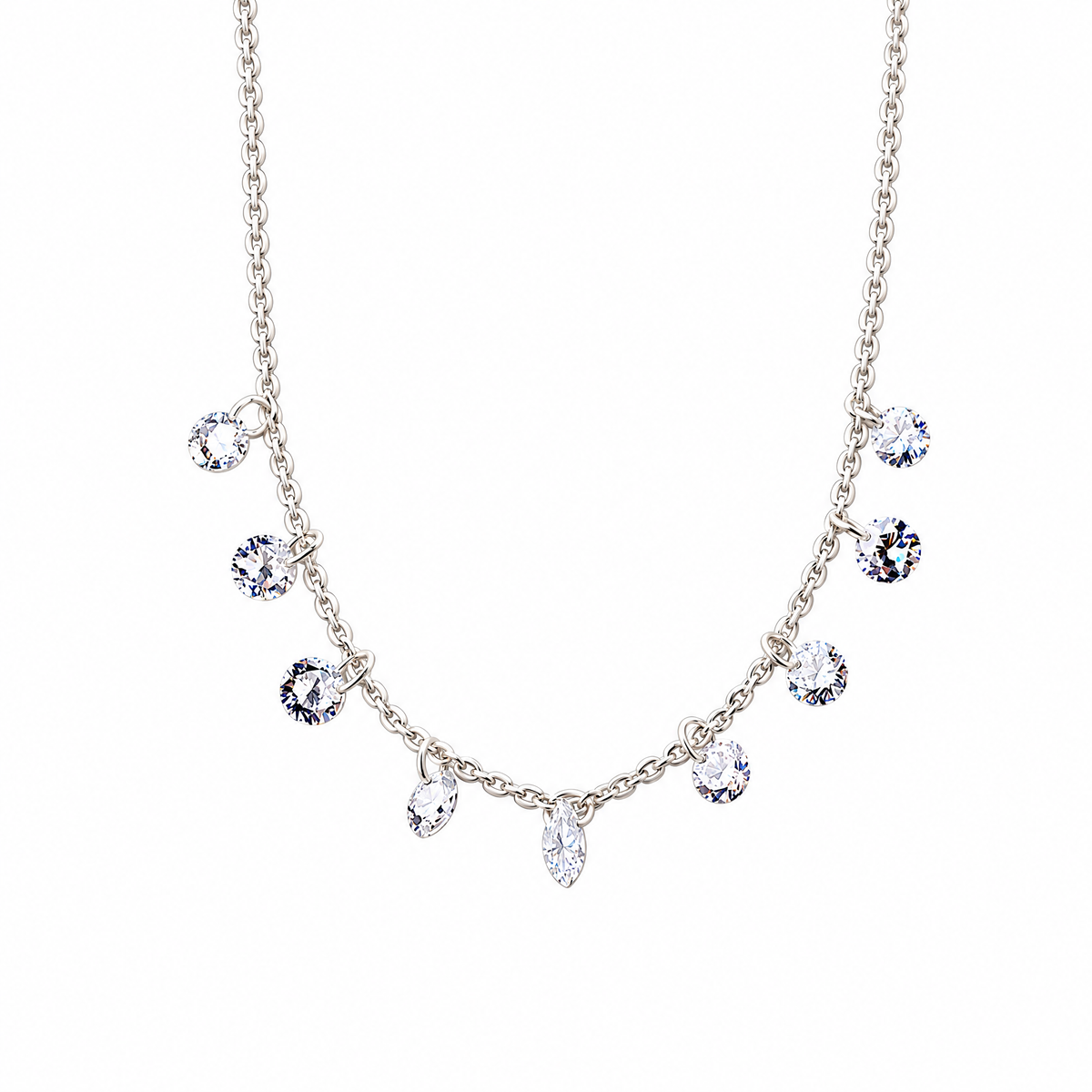 The Astrid CZ Link Necklace — silver-tone CZ charm necklace, clean front flatlay in white studio; AI-enhanced supplier view.