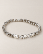 The Liva Mesh Chain Bracelet in a complete low resting loop of silver-tone woven mesh with lobster clasp and visible 925 ITALY end-cap marking on warm pale greige; reference-based AI visualization.