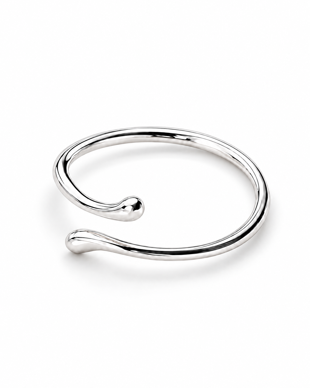 The Nova Open Geometric Band — polished silver-tone product-only front three-quarter hero on a pearl-white studio background; reference-based AI visualization.