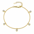 The Helle Moissanite Station Bracelet in gold tone, shown as a full five-station oval with clasp and end tag on pale greige, reference-based AI visualization.