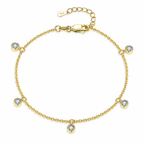 The Helle Moissanite Station Bracelet in gold tone, shown as a full five-station oval with clasp and end tag on pale greige, reference-based AI visualization.