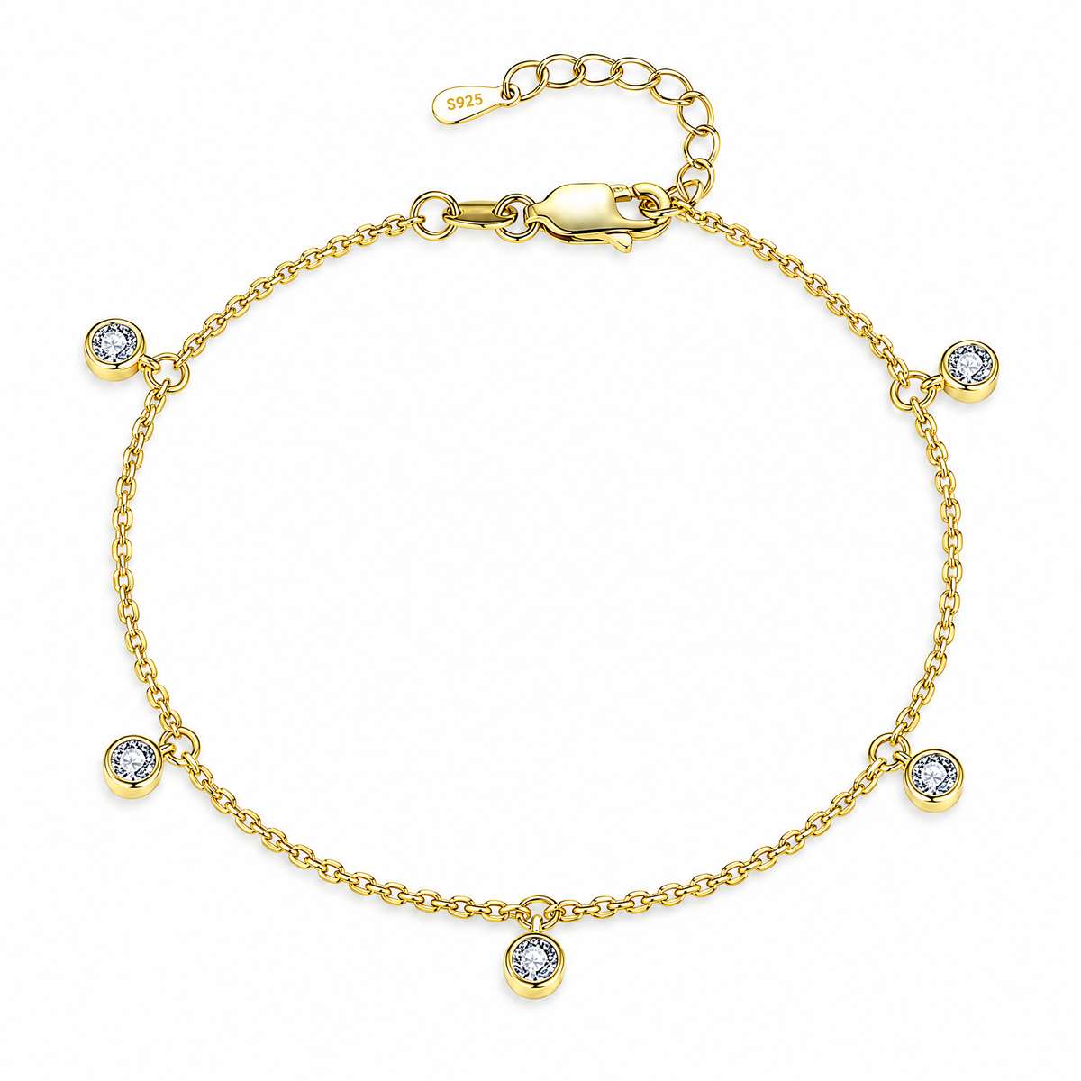 The Helle Moissanite Station Bracelet in gold tone, shown as a full five-station oval with clasp and end tag on pale greige, reference-based AI visualization.