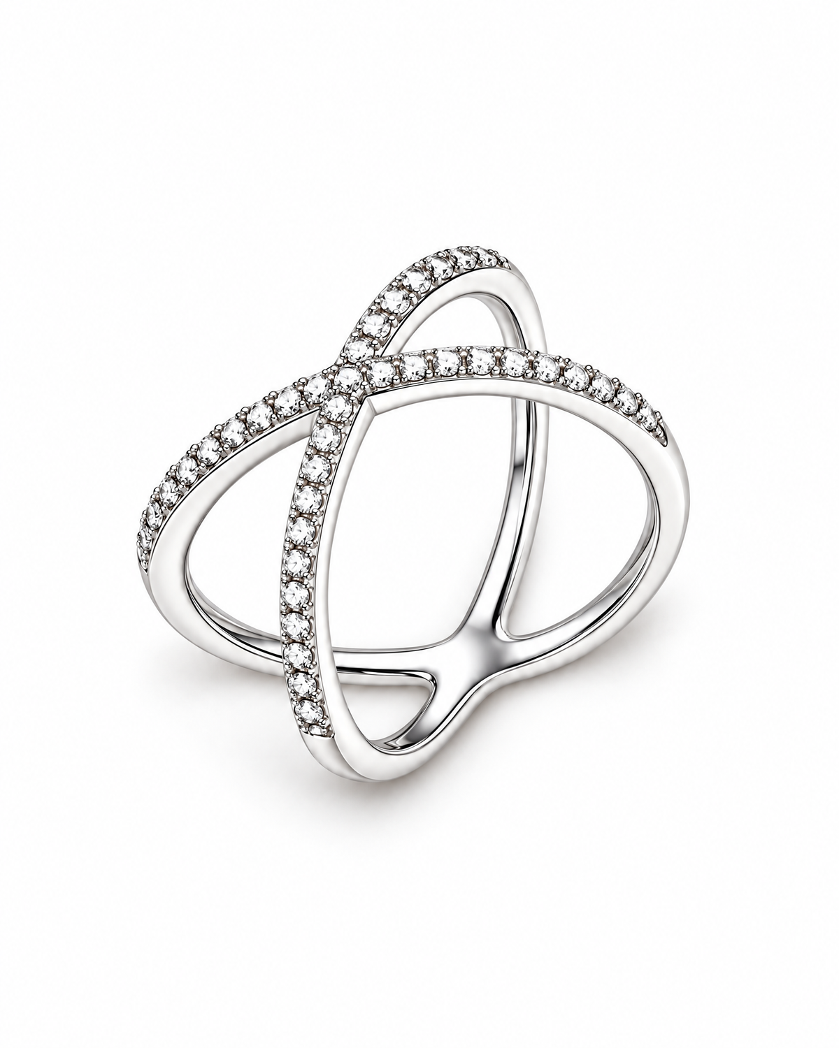 The Elsen Geometric Ring in a polished silver-tone finish with clear round stones, high-angle diagonal resting product-only view on a pearl-white studio background, reference-based AI visualization