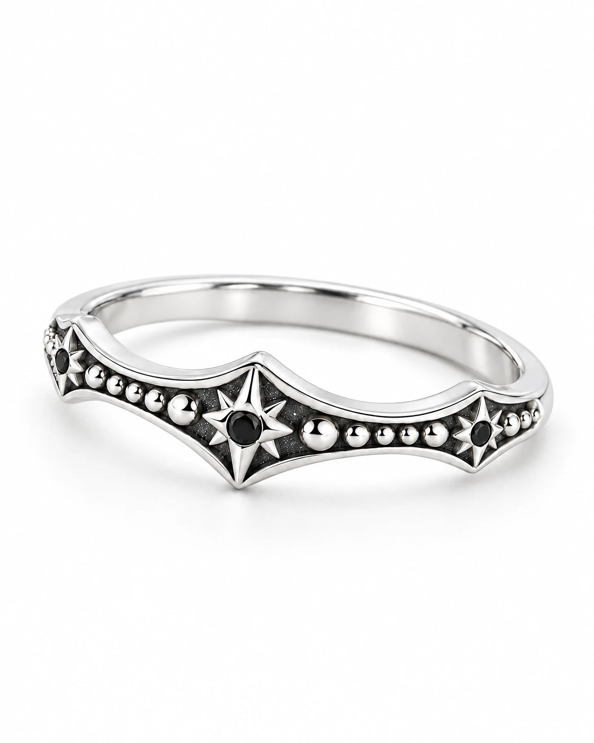 The Runa Starburst Ring — bright silver-tone finish, low three-quarter complete-ring view on a pearl-white studio background; reference-based AI visualization.