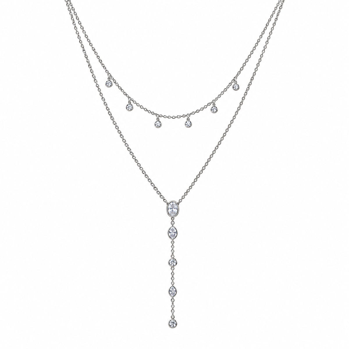 The Lyra CZ Y-Drop Lariat — Silver full flat-lay close view, white studio treatment; reference-based AI visualization