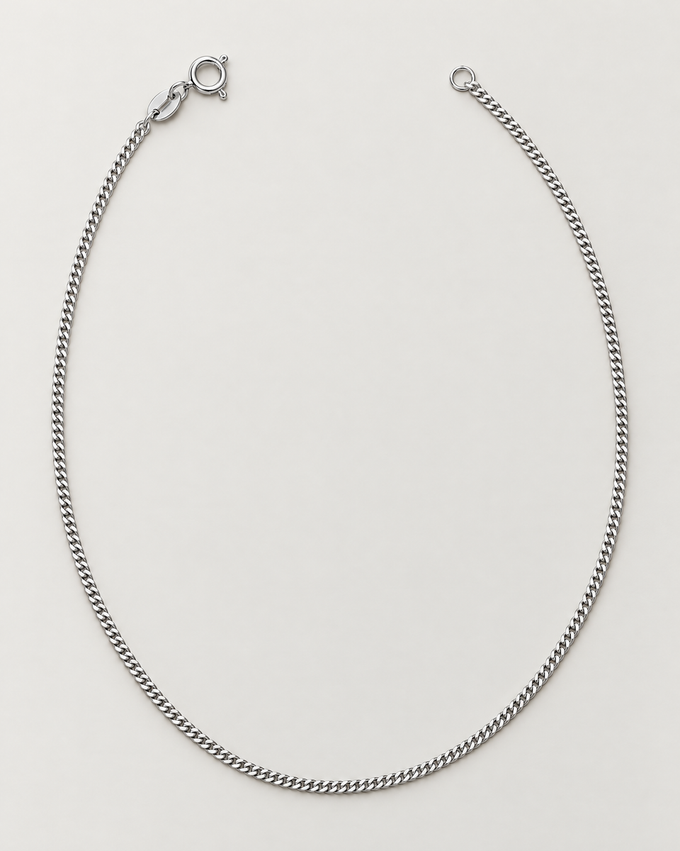 The Erin Fine Curb Chain Necklace — Sterling Silver complete elongated open-U curb-chain hero with spring-ring clasp and oval tag on pale greige, reference-based AI visualization.