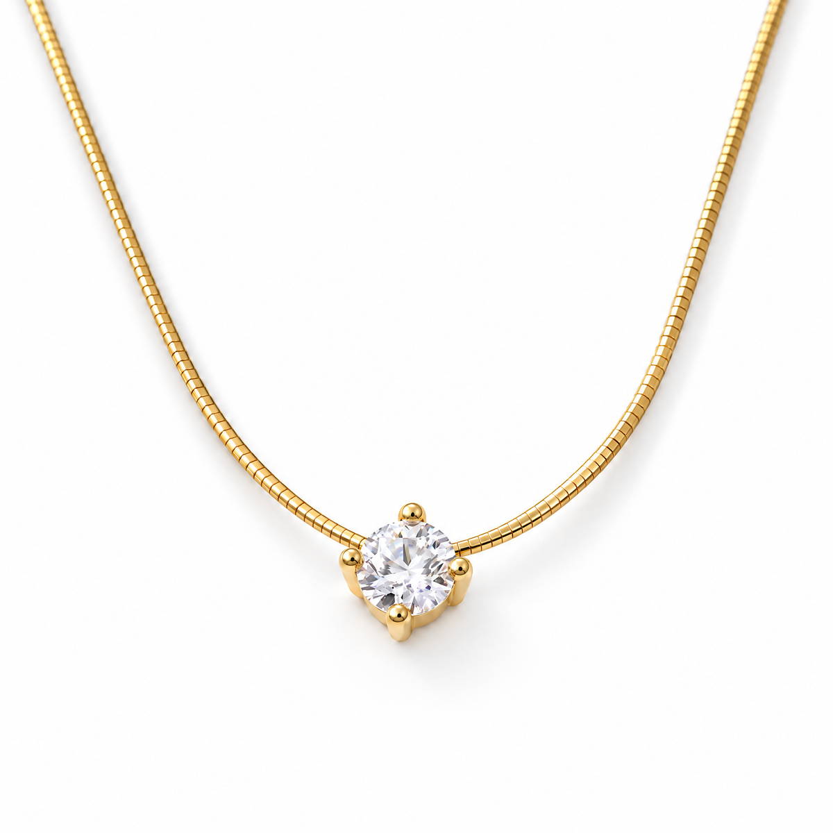Gold-color necklace in a continuous flowing asymmetric S lay with a clear round four-prong stone, lobster clasp, extension links, and smooth end tag on pale warm greige; reference-based AI visualization.