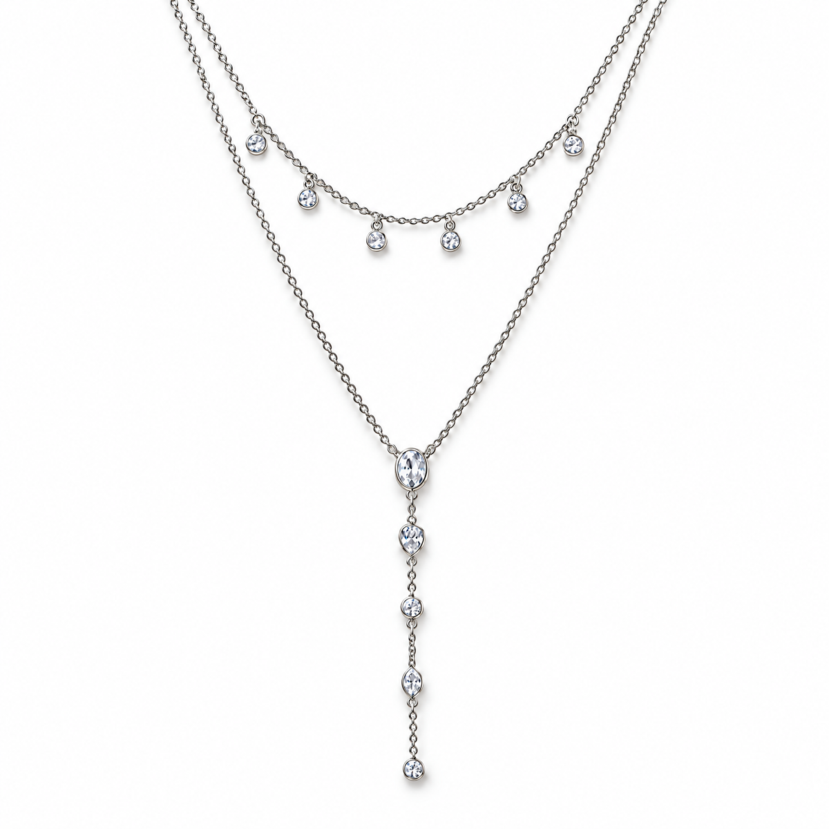 The Lyra CZ Y-Drop Lariat — Silver upper-drape detail — correct main setting, white studio treatment; reference-based AI visualization
