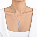 The Lyra CZ Y-Drop Lariat — Silver on-body front view — correct main setting, white studio treatment; reference-based AI visualization