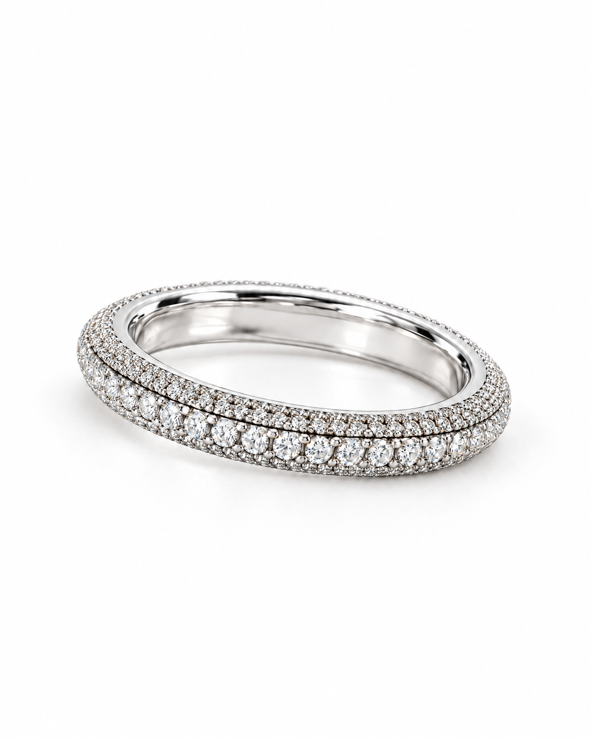 The Klint CZ Pavé Band — polished silver-tone low oblique setting-profile full-ring studio view on pearl white; reference-based AI visualization.