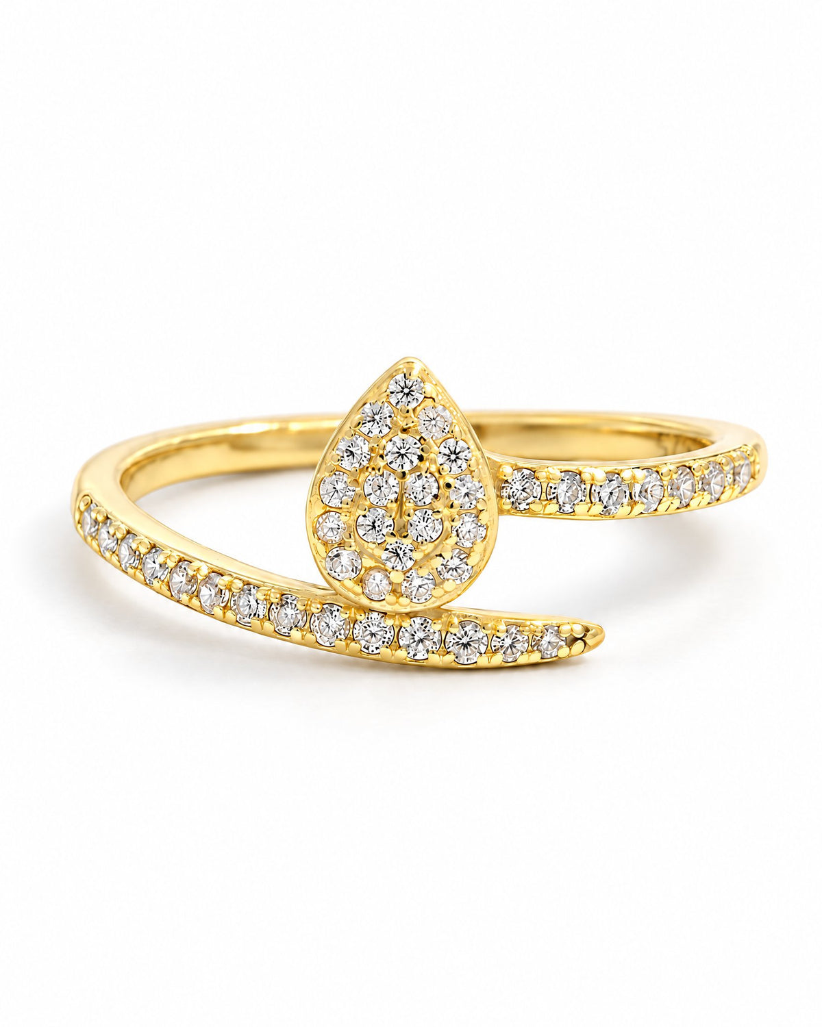 The Oona Pavé Teardrop Ring in warm polished gold with clear round pavé stones, product-only front three-quarter hero on a pearl-white studio background; reference-based AI visualization.