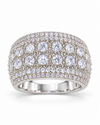 The Solis CZ Dome Ring — silver-color low-front pavé dome product view on a pearl-white studio background, reference-based AI visualization.