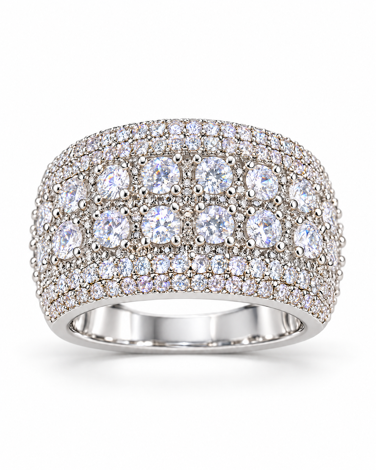 The Solis CZ Dome Ring — silver-color low-front pavé dome product view on a pearl-white studio background, reference-based AI visualization.