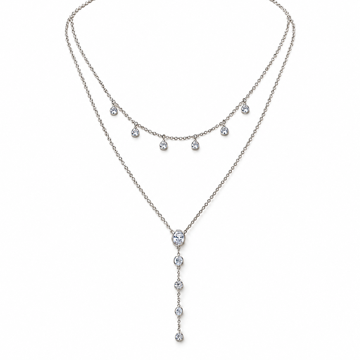 The Lyra CZ Y-Drop Lariat — Silver full relaxed-drape view, white studio treatment; reference-based AI visualization