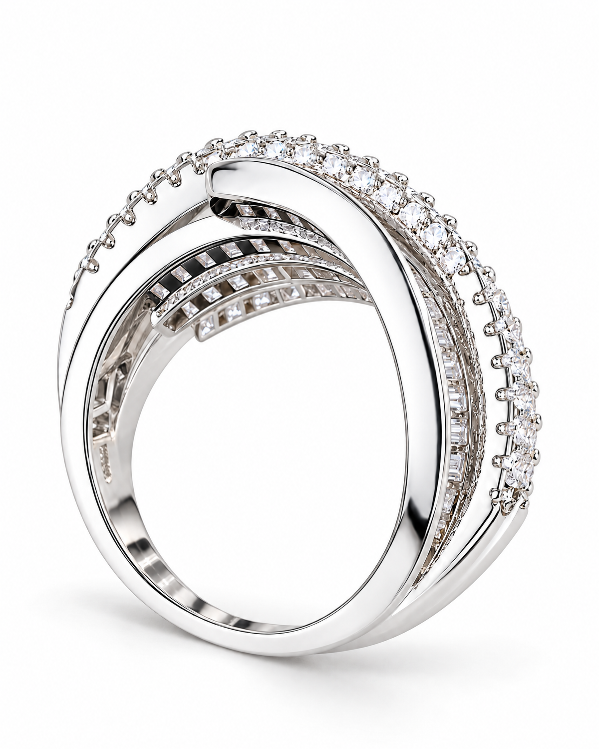 The Iona Interwoven Ring — White/silver-tone finish, reverse-side setting and construction profile on a pearl-white studio background; reference-based AI visualization.
